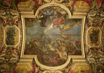 Gezicht op de koning die Maastricht inneemt in dertien dagen in 1673 en de oversteek over de Rijn in aanwezigheid van de vijanden in 1672, plafondschildering uit de Galerie des Glaces, 1678-86